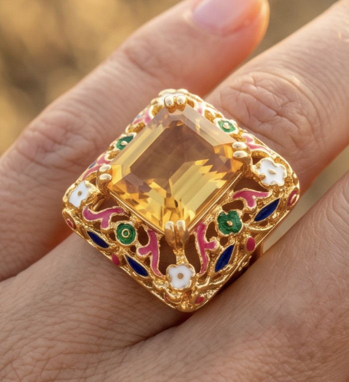 Esperanza - Luxurious 18.2 Lemon Quartz Enamel 22K Gold over .925 Sterling Silver handmade ring size 6 - Close-up of Esperanza ring with lemon quartz on hand