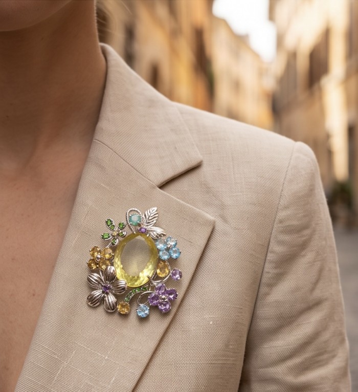 Timeless Beauty genuine 45.2 CARAT Lemon Topaz .925 dipped in Rhodium Sterling Silver handmade Pendant Brooch - Worn on lapel: Timeless Beauty Lemon Topaz brooch with floral accents