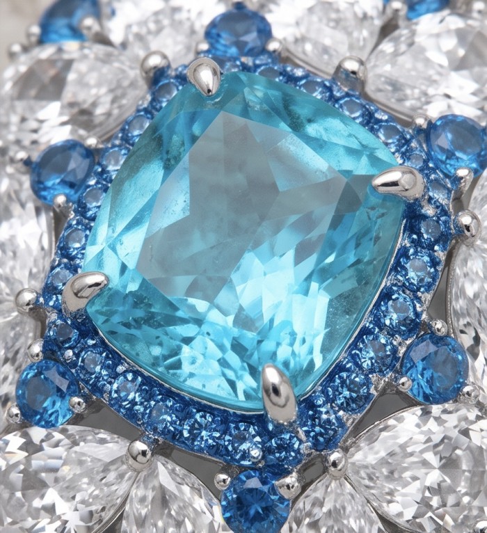 Vintage style 8.5 carat Swiss Blue Topaz Rhodium over .925 Sterling Silver handcrafted necklace - Close-up of vintage-style 8.5 ct Swiss Blue Topaz ring with diamonds.