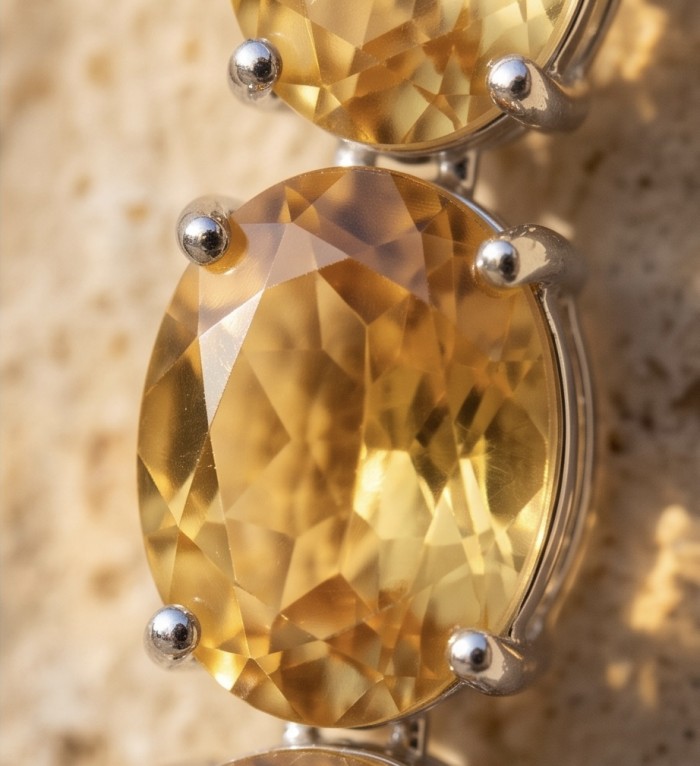 Victoria Authentic 27.2 carat Brazilian Citrine rhodium over .925 Sterling Silver brilliantly handcrafted Statement earrings - Close-up of Victoria Authentic 27.2 ct Brazilian Citrine in rhodium setting