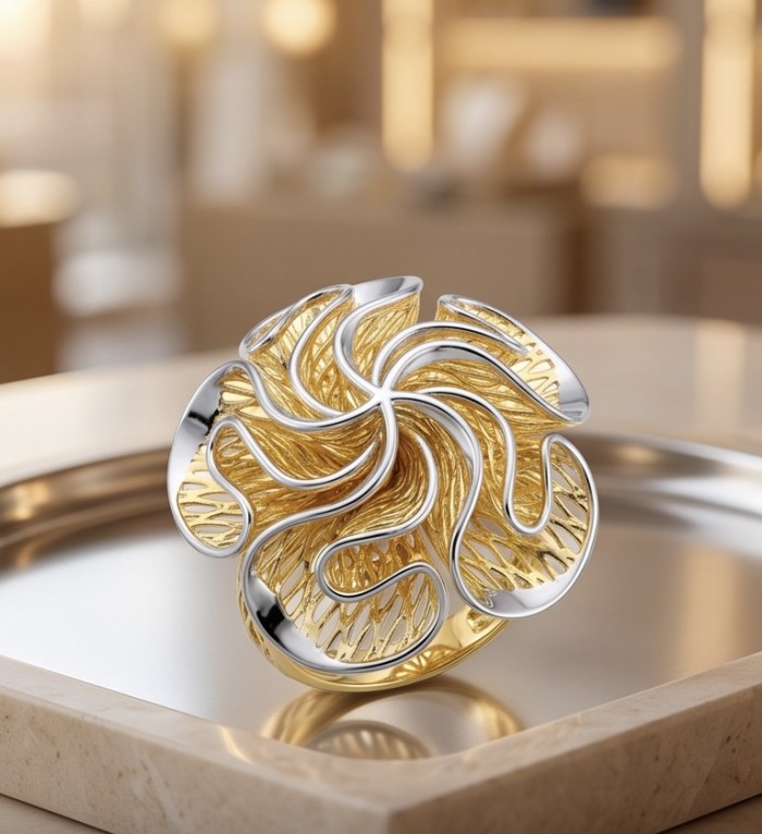 GOLDEN ROSE - Dubai Style - .925 Sterling Silver dipped in 22K Gold handmade Large ring size 8 1/4 - Front view of GOLDEN ROSE ring, intricate design in silver and gold.