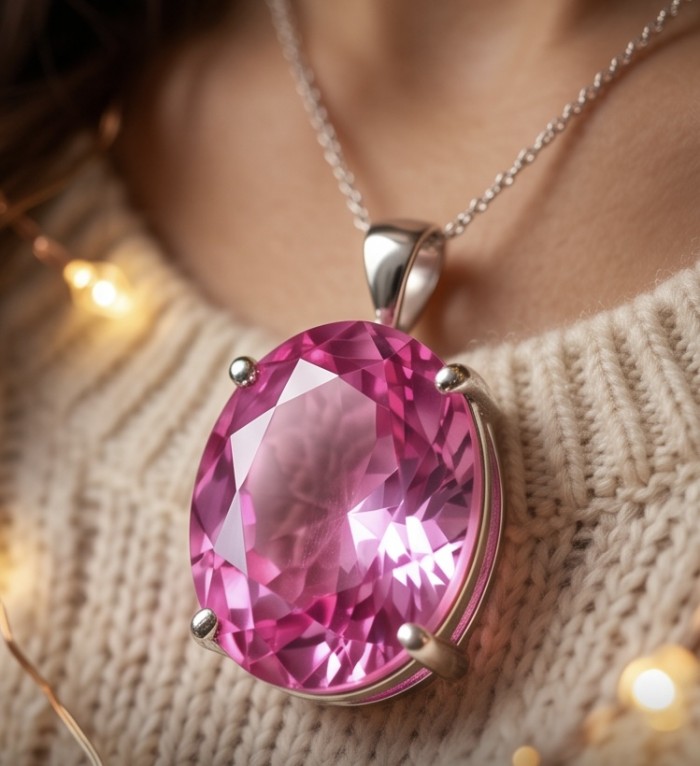 Incredible oval cut 26.8 carat Bubblegum Pink Sapphire .925 Sterling Silver handcrafted pendant - Close-up of oval 26.8 carat Bubblegum Pink Sapphire pendant worn.