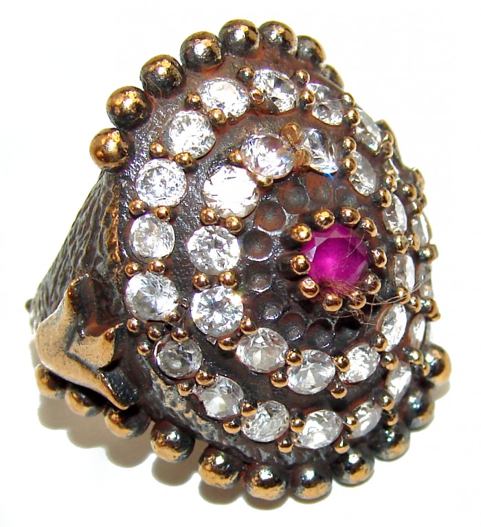 Victorian Style created Ruby & White Topaz Copper over Sterling Silver ring; s. 6 1/2 - photo 1