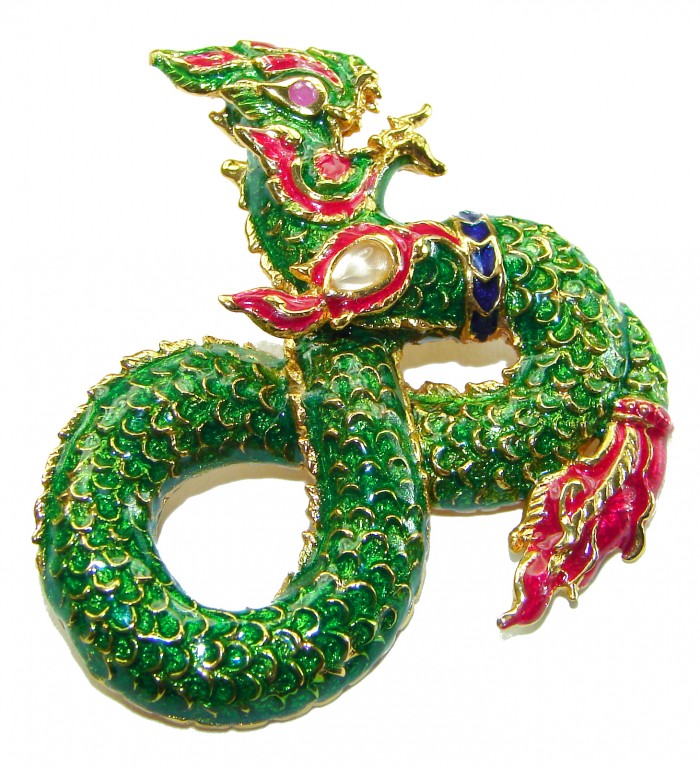INCREDIBLE Natural Ruby Enamel Dragon 18K Gold over .925 Sterling Silver handcrafted Pendant - photo 3