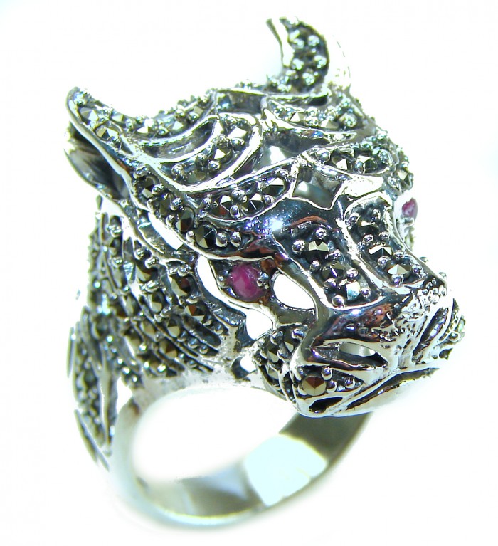 Panthère's Head Marcasite Ruby .925 Sterling Silver handcrafted Statement Ring size 10 - photo 4