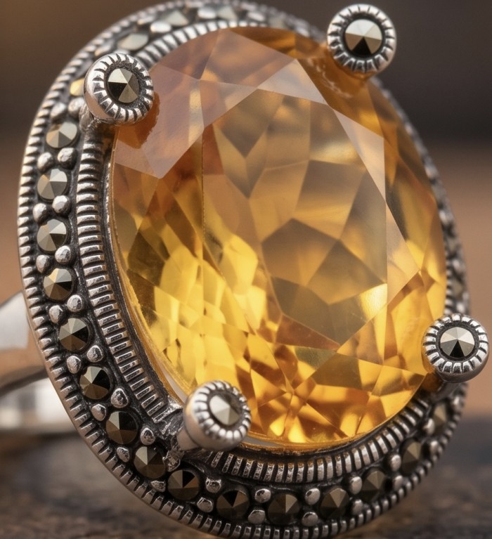 Costa del Sol 25.4 carat Lemon Quartz rhodium over .925 Sterling Silver handcrafted ring size 8 - Close-up of Costa del Sol 25.4 ct Lemon Quartz ring with rhodium detail