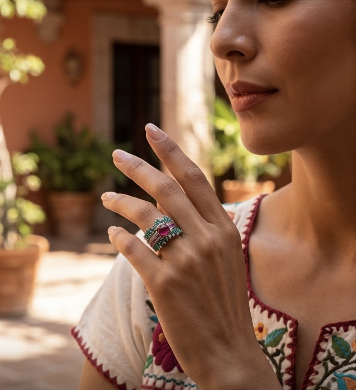 Blooming Garden 3.8 carat Mozambique Ruby rhodium over .925 Sterling Silver handmade Statement Ring size 7 - Ruby ring worn on hand, side view with garden background.
