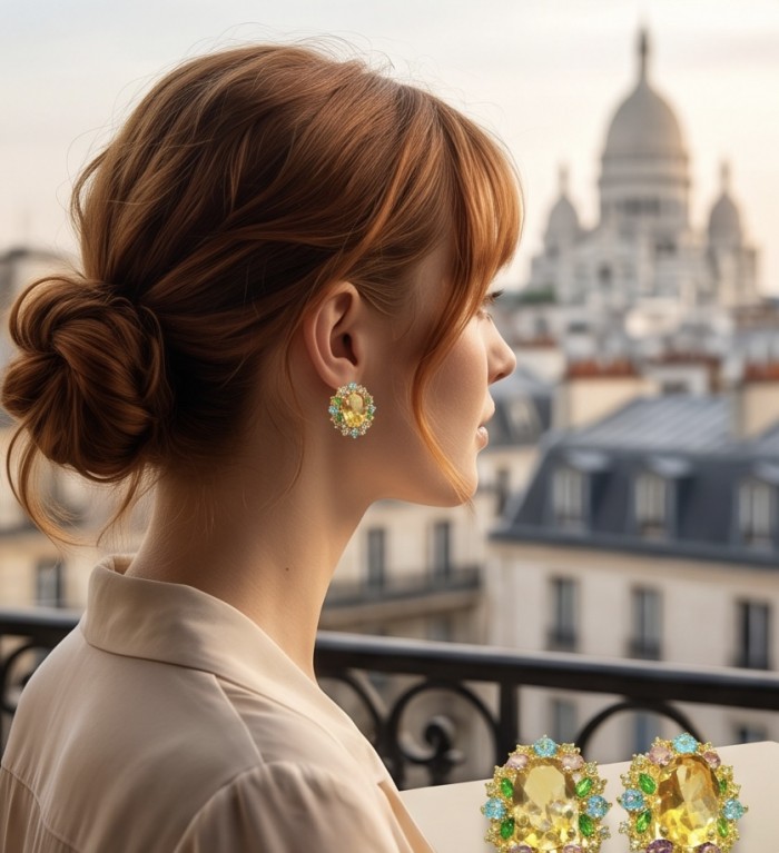 Victoria Authentic 18.5 carat Brazilian Citrine .925 Sterling Silver brilliantly dipped in 22K Gold handcrafted Statement earrings - Side view of Victoria 18.5 carat Brazilian Citrine earrings worn.