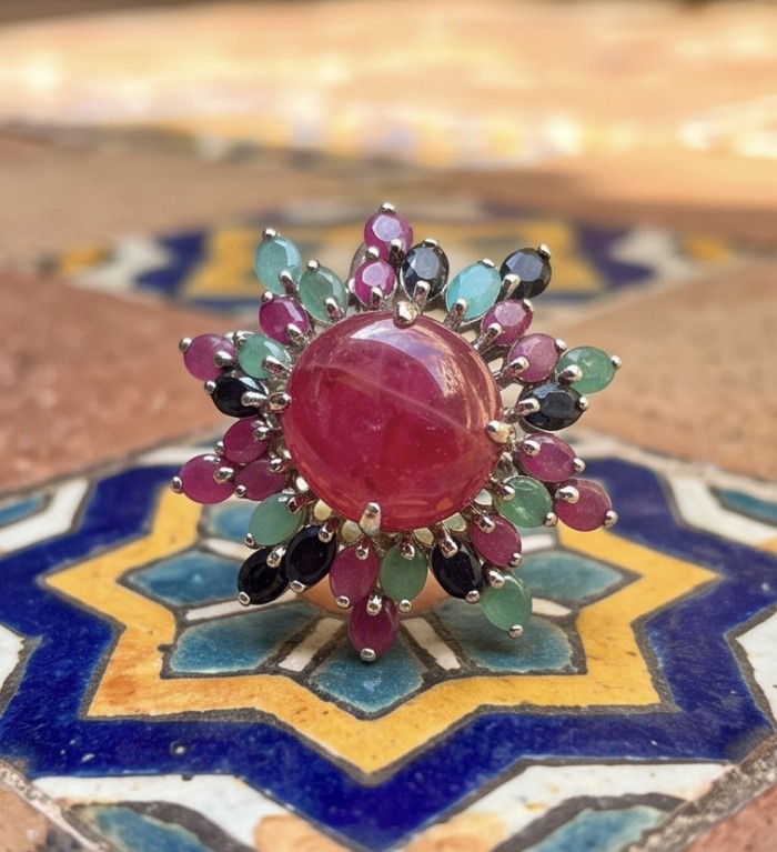 Giovanna Natural 8.6 carat Ruby pave Emerald .925 Sterling Silver dipped rhodium handmade Statement Ring size 8 - Close-up of Giovanna Ruby and Emerald ring on decorative surface