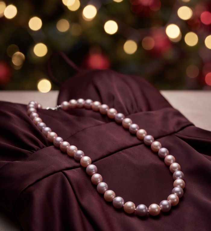 ELEGANT PASTELS - Outstanding freshwater Pearl .925 Sterling Silver handcrafted Statement necklace - Freshwater pearl necklace on maroon satin with bokeh background.