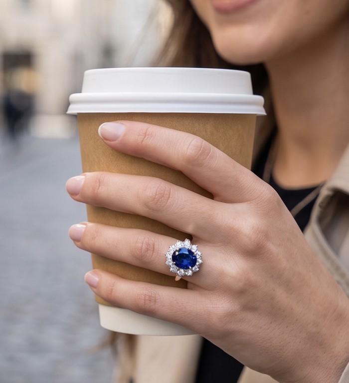 Stella oval cut 14.5 carat Sapphire .925 Sterling Silver handmade Statement ring size 7 - Sapphire ring worn on hand holding a coffee cup