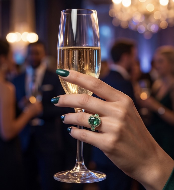 Elizabeth oval cut 12.8 carat top quality Colombian Emerald .925 Sterling Silver dipped in 22K Gold handcrafted Ring size 6 - Hand wearing 12.8 carat Colombian emerald ring holding champagne flute.