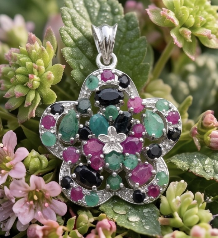 Deluxe 22.2 carat authentic Sapphire Emerald Ruby rhodium over .925 Sterling Silver handmade Statement Pendant - Flower-shaped pendant with sapphires, emeralds, rubies on greenery backdrop.