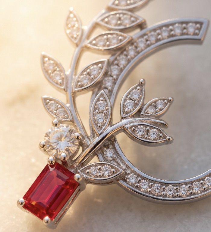 Giovanna - 2.5 carat Ruby .925 Sterling Silver handcrafted incredible earrings - Close-up of Giovanna ruby and silver jewelry with leaf design.