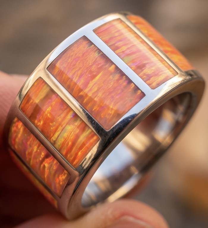 Mystery Genuine inlay Australian Opal rhodium over .925 Sterling Silver handmade Ring size 8 1/2 - Close-up of ring with Australian opal inlay, rhodium over silver.
