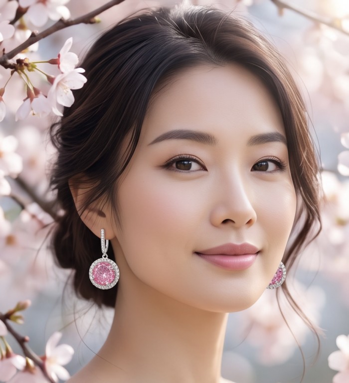 Tiffany - authentic 12.7 carat Pink Sapphire .925 Sterling Silver handcrafted Earrings - Woman wearing 12.7 carat pink sapphire earrings with blossoms behind.