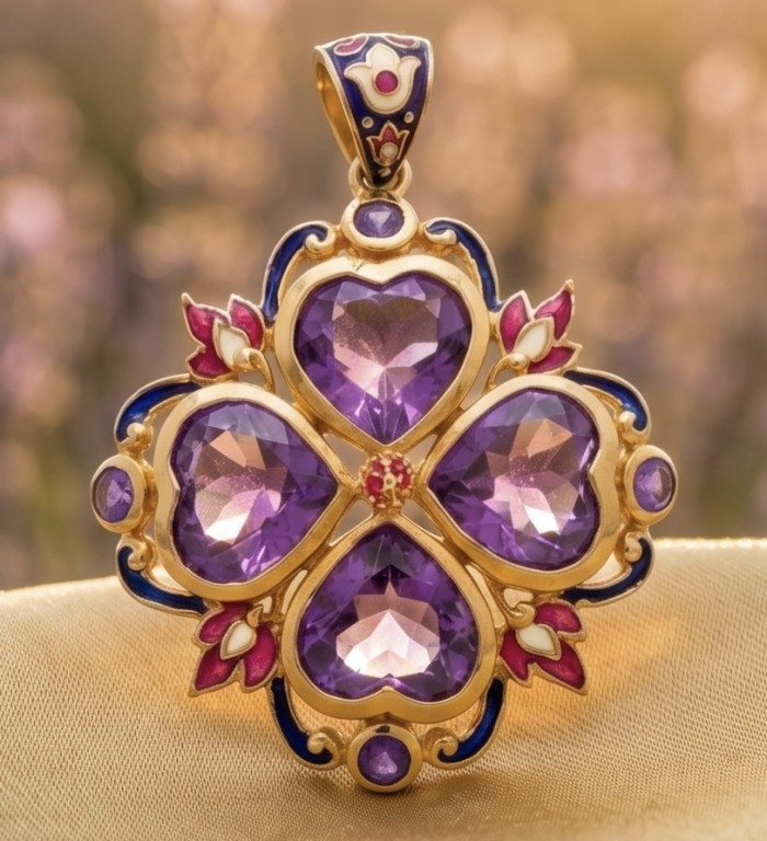 Countless Blessings Genuine 28.5 carat Authentic Amethyst enamel 22K Gold over .925 Sterling Silver handmade Pendant - Close-up of Countless Blessings pendant with heart-shaped amethysts