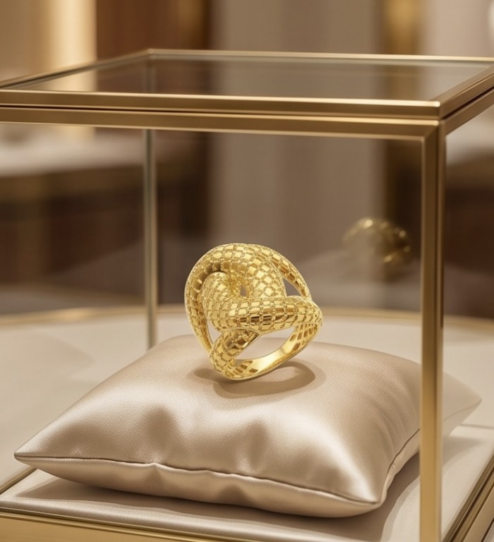 Dubai Style - Golden knot - .925 Sterling Silver dipped in 22K Gold handmade Large ring size 8 - Golden knot ring in display case, angled view, on satin cushion.