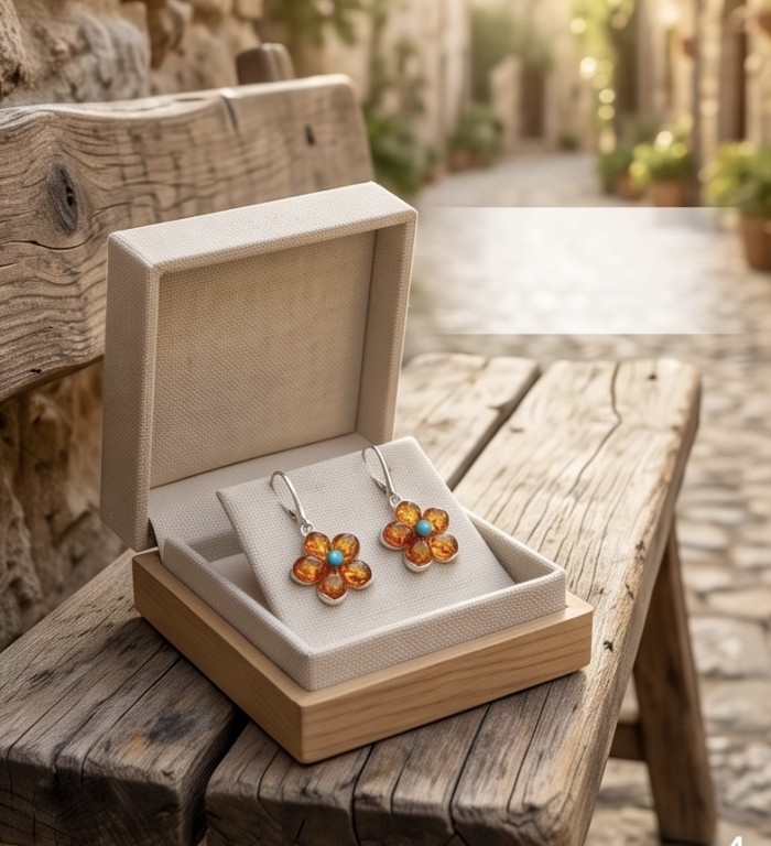 Golden Summer Flowers - authentic Baltic Amber Turquoise .925 Sterling Silver handcrafted earrings - Earrings in a box on a rustic bench, showcasing amber flower design.