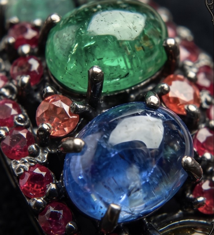 Stella 16.5 carat Brazilian Watermalon Tourmaline black rhodium over .925 Sterling Silver handmade Pendant - Close-up of Stella jewelry with colorful gemstones in black rhodium setting.