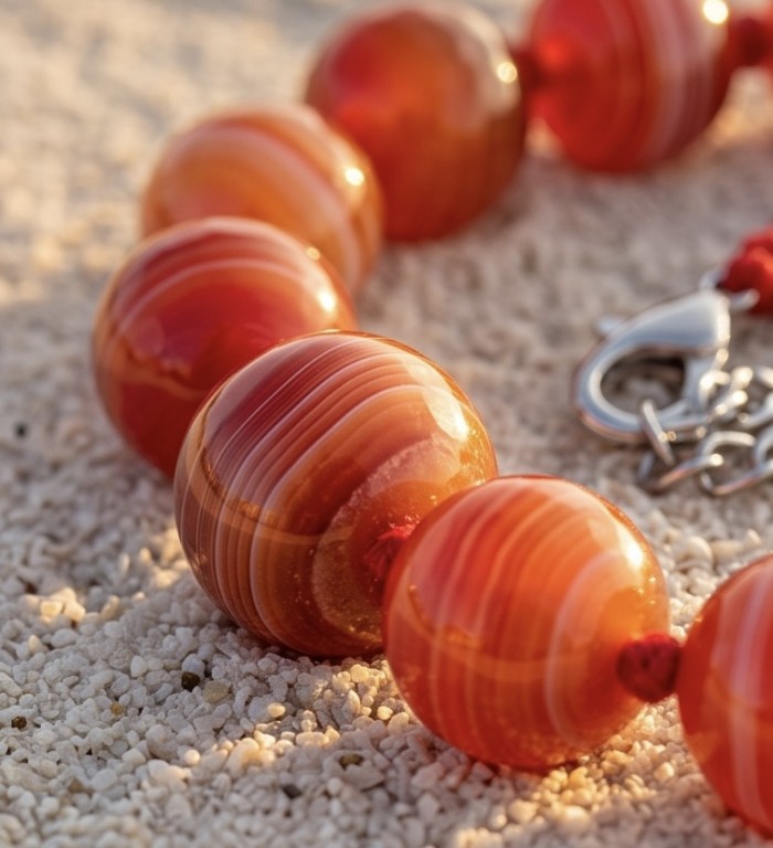 Talisman to banish fear and inspire action - Natural Carnelian Agate .925 Sterling Silver MASSIVE Necklace - Carnelian bracelet close-up on sandy background.