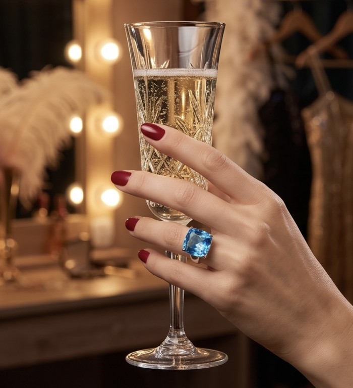 Fancy Princess cut 15.8 carat Swiss Blue Topaz .925 Sterling Silver dipped in rhodium handcrafted Large ring size 6 - Hand wearing Fancy Princess cut Blue Topaz ring, holding champagne glass.