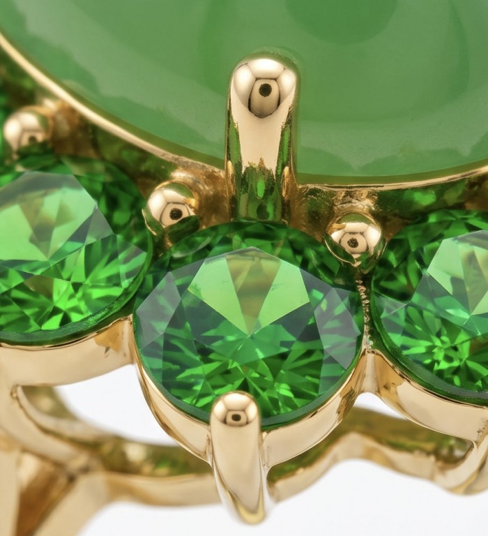 Rare! Fiammetta oval cut 18.2 carat Green Tourmaline Tsavorite Garnet .925 Sterling Silver dipped in 22k Gold entirely handmade Ring size 7 - Close-up of green tourmaline and tsavorite on gold setting