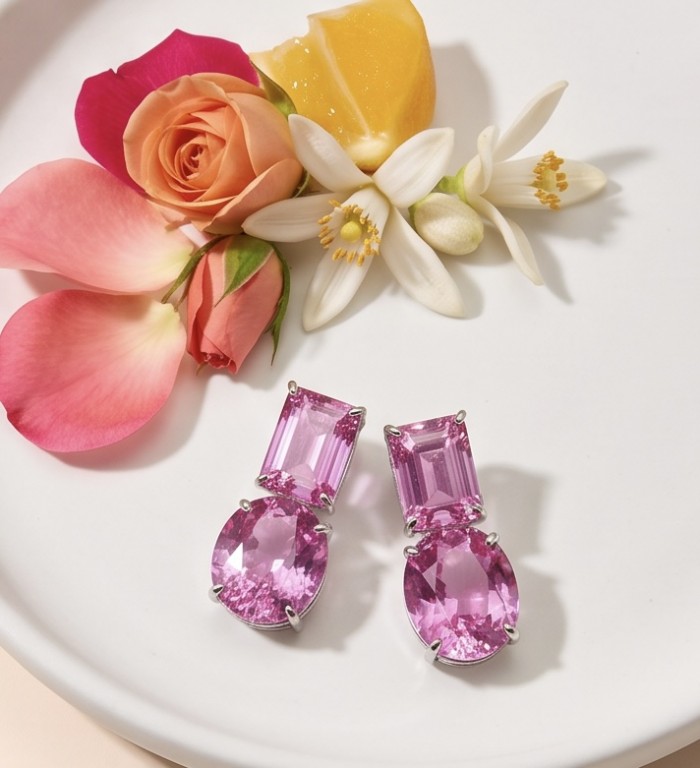 Large - Tiffany - authentic oval cut 29.7 carat Pink Sapphire .925 Sterling Silver handcrafted Earrings - Pink sapphire earrings on a plate with flowers and citrus slice