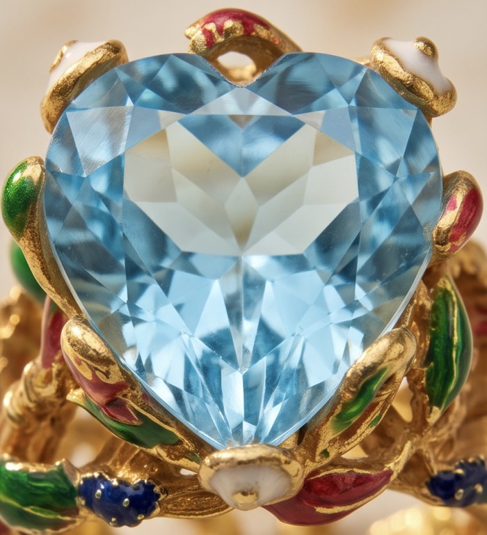 Blue Heart Natural fancy cut 11.8 carat Swiss Blue Topaz Enamel .925 Sterling Silver dipped in 22K Gold handmade Statement Ring size 6 - Close-up of 11.8 carat Swiss Blue Topaz heart in gold setting