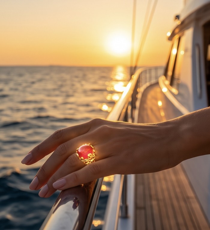 Emily 10.9 carat Mozambique Ruby .925 Sterling Silver dipped in 22K Gold handmade Statement Ring size 7 - Ruby ring worn on hand during sunset on a boat.