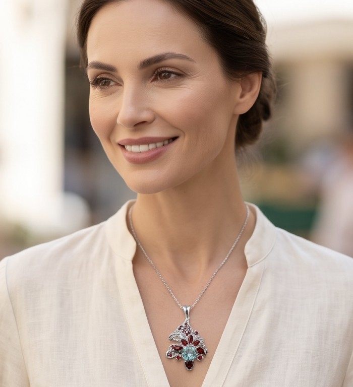 Isabel Authentic 20.2 carat green Amethyst Garnet rhodium over .925 Sterling Silver handmade pendant - Model wearing Isabel amethyst garnet pendant, close-up view
