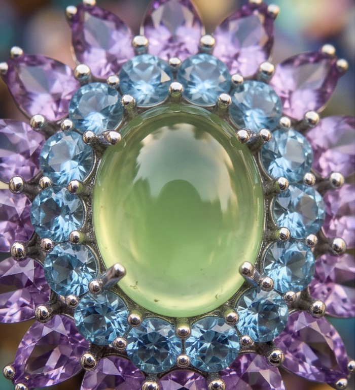 Wise Bliss Authentic 14.6 carat Prehnite Aquamarine .925 Sterling Silver dipped in Rhodium handmade Pendant - Close-up of Wise Bliss Prehnite and Aquamarine jewelry piece