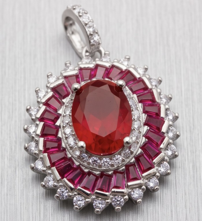 Art Deco - Genuine 3.8 carat Ruby rhodium over .925 Sterling Silver handcrafted Statement Pendant - Close-up of Art Deco ruby pendant with diamond accents on sterling silver