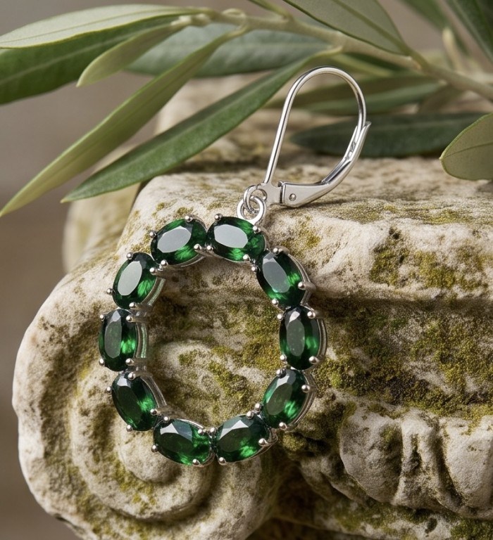 Authentic 22.9 carat CHROME DIOPSIDE from Siberia .925 Sterling Silver handmade Large Statement earrings - Close-up of circular emerald green chrome diopside earring on stone surface.
