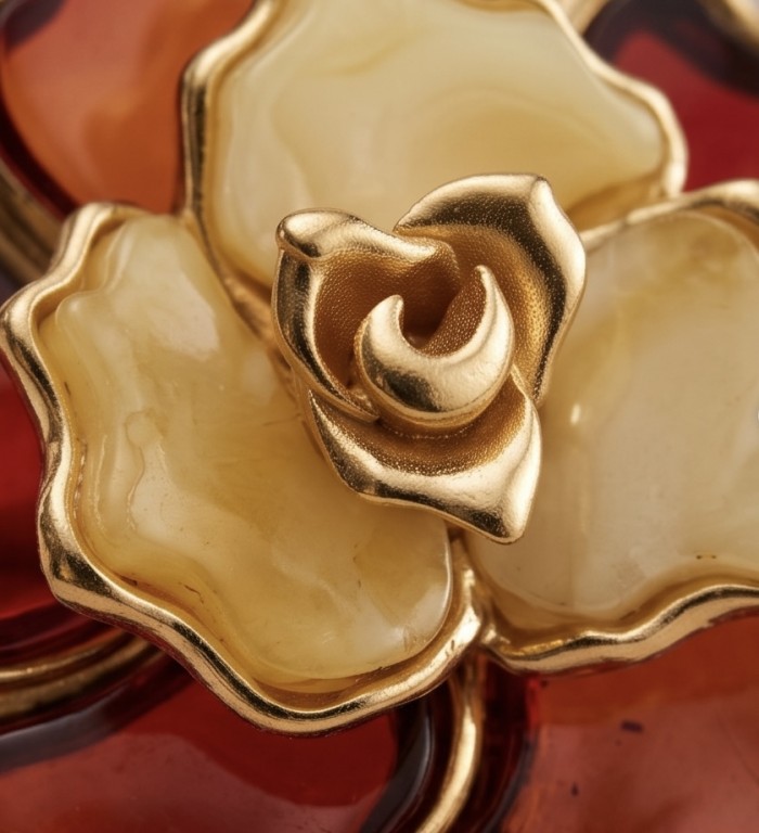 Golden Rose Natural Baltic Polish Amber .925 Sterling Silver dipped in 22K Gold handcrafted Large Statement Ring size 7 - Close-up of golden rose with Baltic amber in jewelry design.