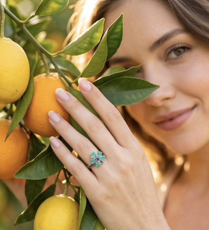 Elizabeth oval cut 6.8 carat Colombian Emerald .925 Sterling Silver dipped in Rhodium handcrafted Ring size 7 - Emerald ring worn on hand among oranges and leaves, close-up view.