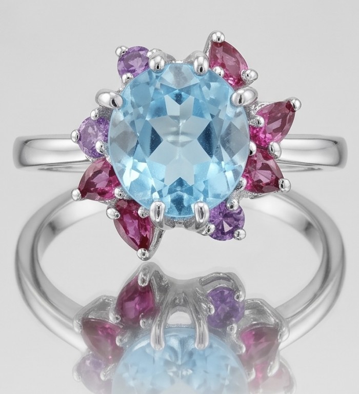 Pacifica 4.8 carat Swiss Blue Topaz .925 Sterling Silver handcrafted ring size 9 - Close-up of Pacifica Swiss Blue Topaz ring with silver band.