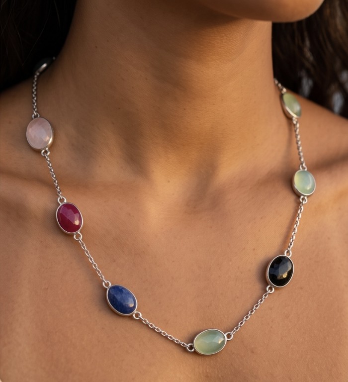 Emily 30 inches Natural authentic Multigems .925 Sterling Silver handmade Station Necklace - Necklace worn, showing multicolored gemstones on model's neck.