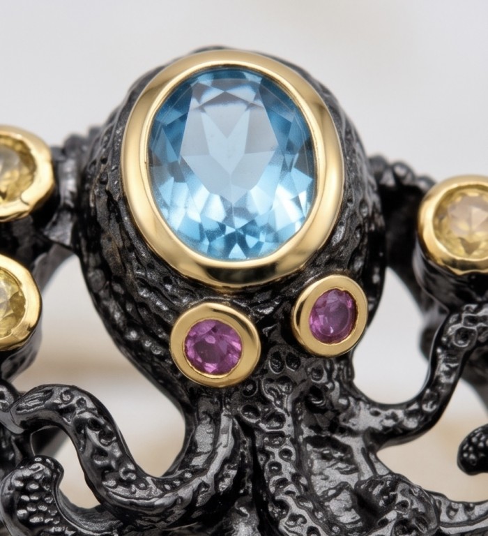 Under the Sea 4.8 carat Swiss Blue Topaz black rhodium over 2 tones .925 Sterling Silver handcrafted ring size 8 - Stone close-up of Swiss Blue Topaz with gold and colored gems.