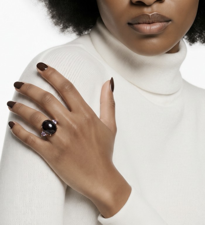 Cherry-Pick Natural 28.4 carat Mozambique Ruby .925 Sterling Silver dipped in 22K Gold handmade Large Statement Ring size 7 1/2 - Ring with large ruby worn on hand, close-up view.