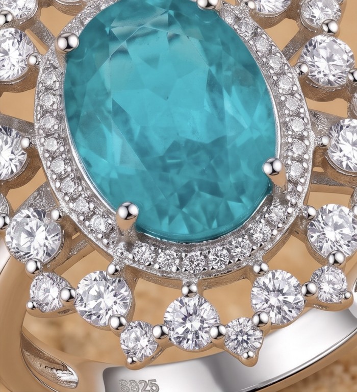 Elizabeth 14.2 carat Colombian Emerald .925 Sterling Silver dipped in Rhodium handcrafted Ring size 8 - Close-up of Elizabeth 14.2 ct emerald ring set in .925 sterling silver.