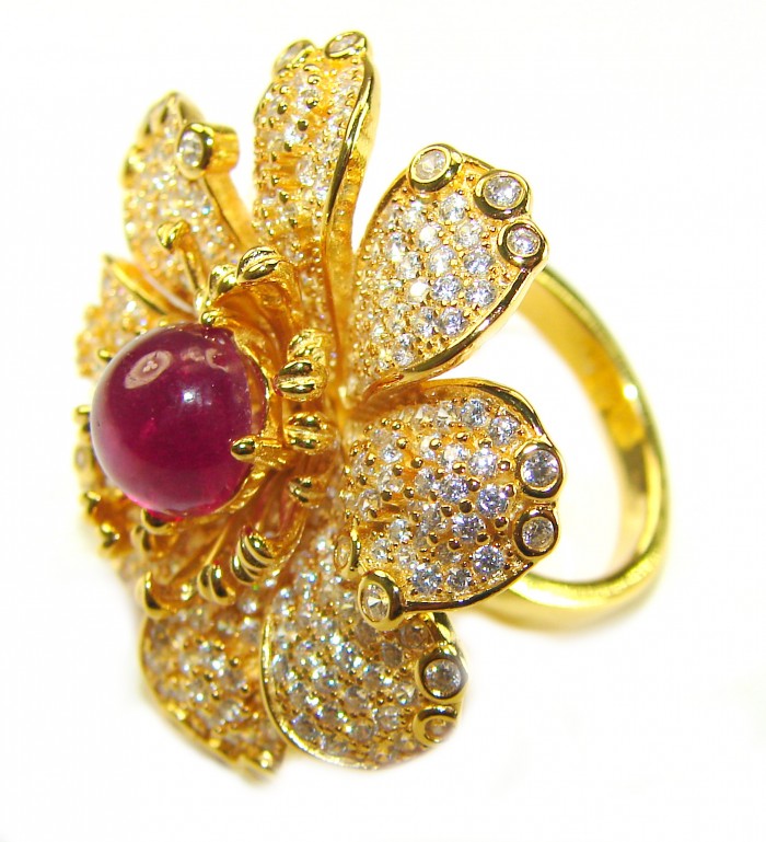 Bella Rosa Natural 28.4 carat Ruby White Sapphire 22K Gold over .925 Sterling Silver handmade Large Statement Ring size 6 1/4 - Close-up of Bella Rosa 28.4 carat ruby ring with white sapphires, 22K gold.