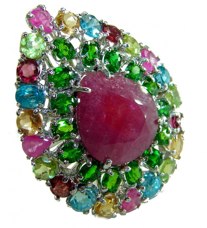 Spectacular Authentic 4.3 carat Ruby .925 Sterling Silver handmade Cocktail Ring s. 5 1/2 - Close-up of colorful gemstone cluster ring with large ruby centerpiece