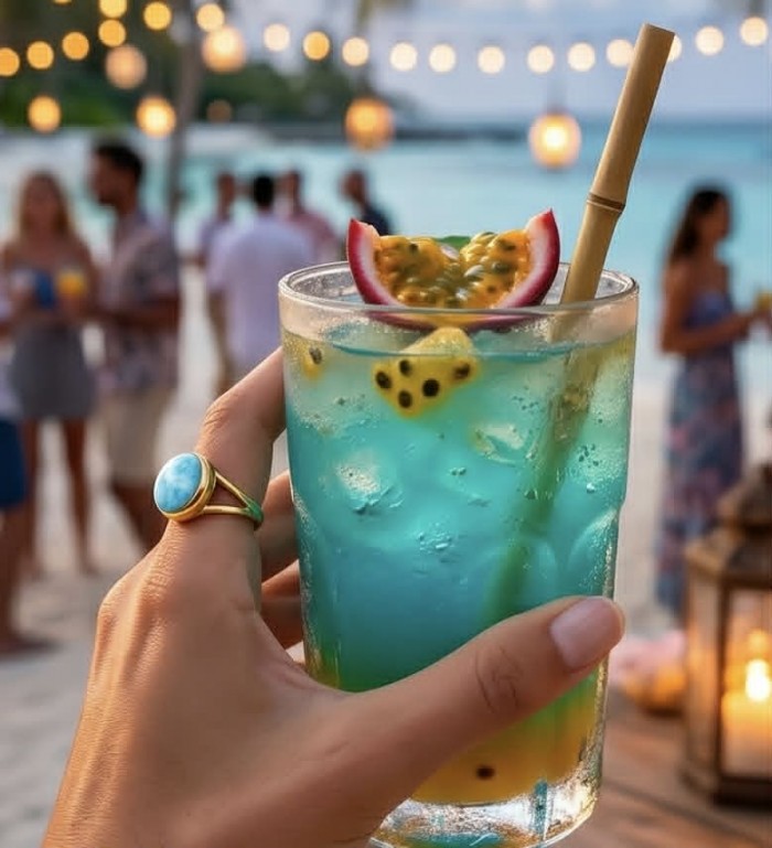 Perfection 8.9 carat Blue Larimar 18K Gold over .925 Sterling Silver handmade ring size 6 - Worn on hand, blue Larimar ring with drink in beach setting.