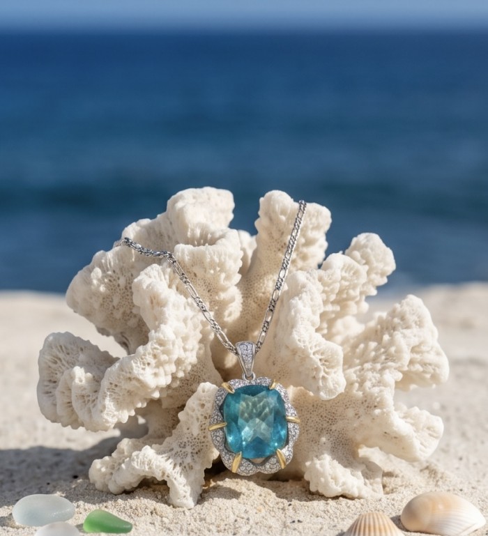 Rio Grande do Norte - Brazilian's Briliance - oval cut 19.7 carat Paraiba Tourmaline 2 tones .925 Sterling Silver handcrafted necklace - Necklace with blue gem on coral with ocean background, stone close-up