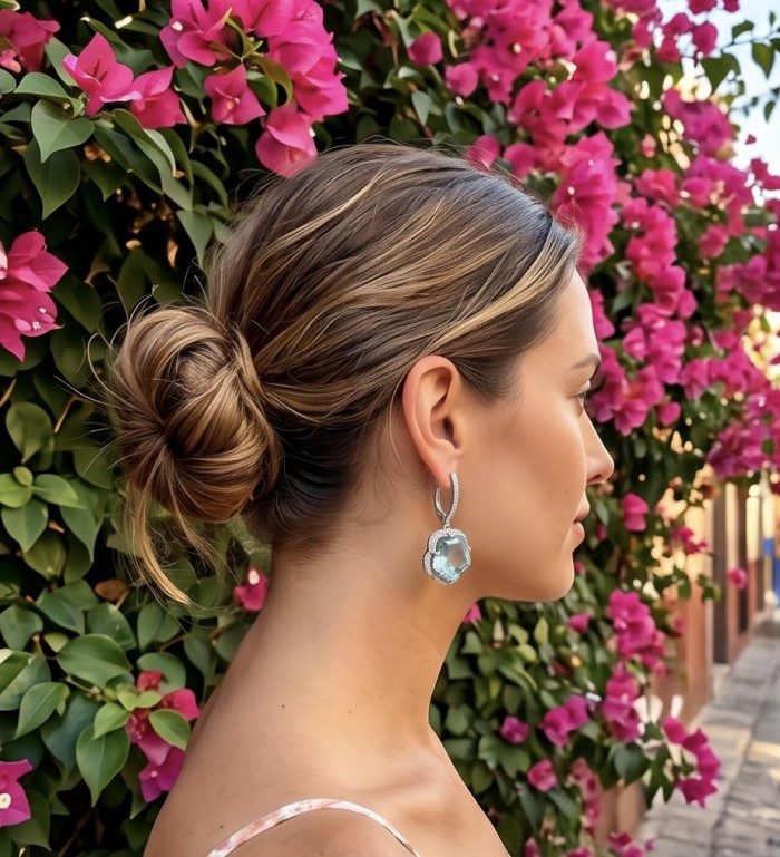 Rare Flower 9.8 carat GREEN GRANDIDIERITE .925 Sterling Silver Handcrafted Earrings - Side view of woman wearing Rare Flower GREEN GRANDIDIERITE earrings