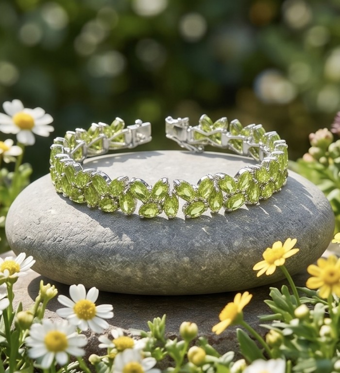 Melissa - Great Masterpiece 52.2 carat genuine Peridot .925 Sterling Silver handmade Statement bracelet - Bracelet on stone, top view, surrounded by flowers.