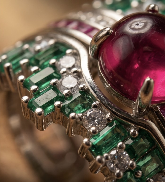 Blooming Garden 3.8 carat Mozambique Ruby rhodium over .925 Sterling Silver handmade Statement Ring size 7 - Close-up of Blooming Garden ring with ruby and emerald details