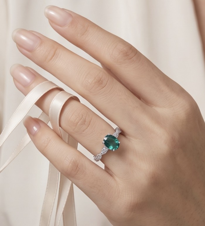 Authentic 3.8 carat CHROME Diopside .925 Sterling Silver handcrafted Ring size 7 - Ring with green stone worn on hand, showcasing its elegant design.
