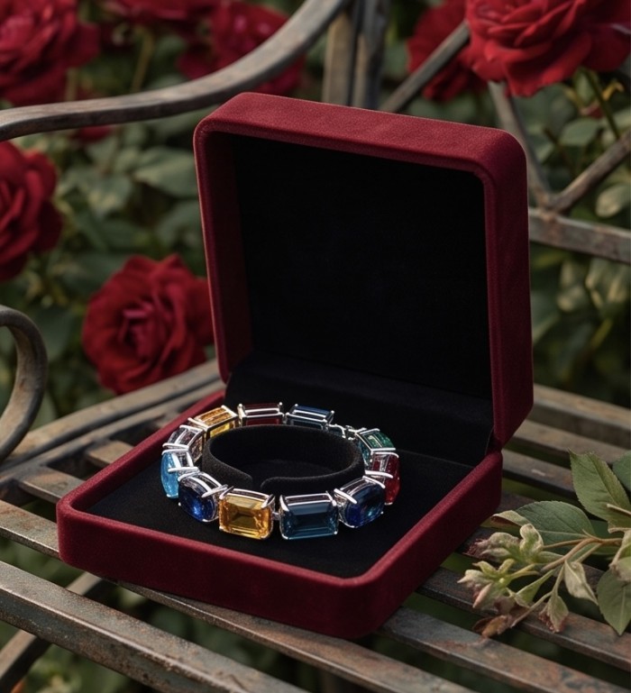 Tutti Frutti 49.5 CARAT MULTIGEM .925 Sterling Silver brilliantly handcrafted Bracelet - Tutti Frutti multigem bracelet in velvet box, front angle with roses